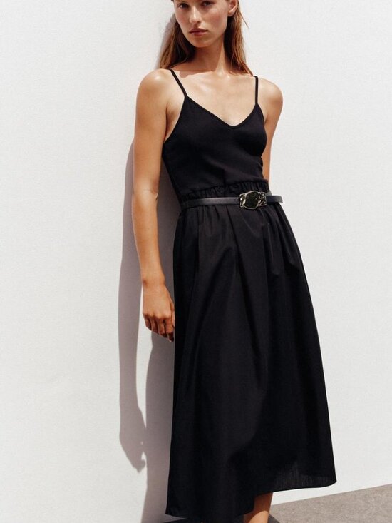 Zara Black Belted Midi Dress Large V-Neck Spaghetti Strap Organic Cotton NWT - Picture 2 of 10